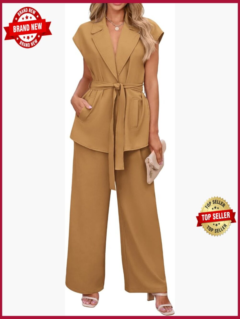 Womens Cap Sleeve Blazer Vest Wide Leg Pant Suit 2 Piece Set Office Work Outfit